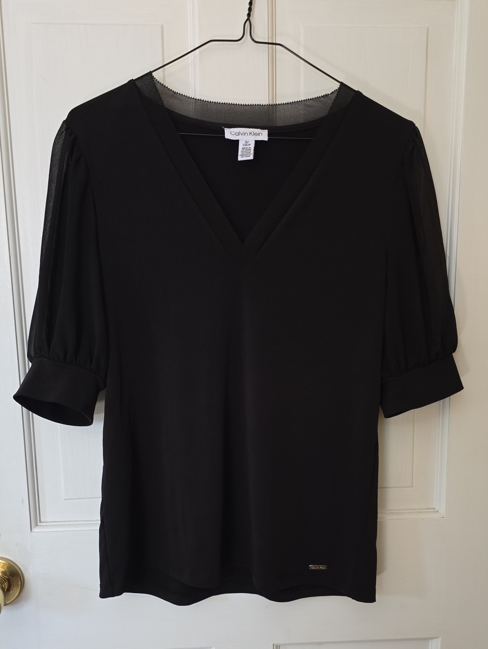 Calvin Klein Black V-Neck Sheer Puff Sleeve Blouse